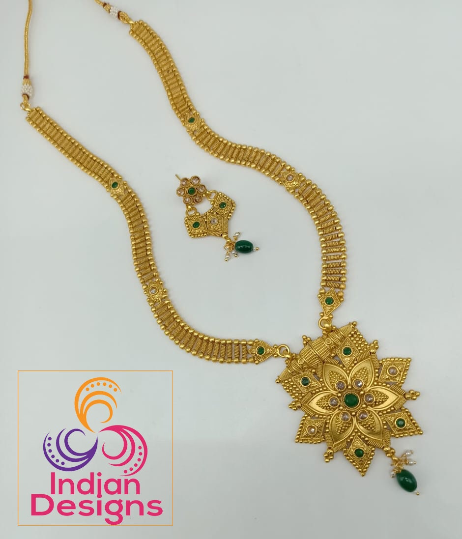 Gold plated long necklace set with best price | Flower pendant necklace in Gold finish | Saree matching jewelry | Ruby Emerald Gold Pendant