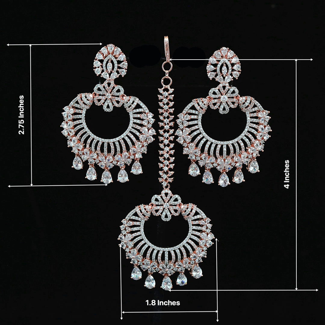 Rose Gold plated American diamond chandbali earrings Mang tikka set | Indian Jewelry Earrings with Maang Tikka Combo Set | Wedding Chandbali