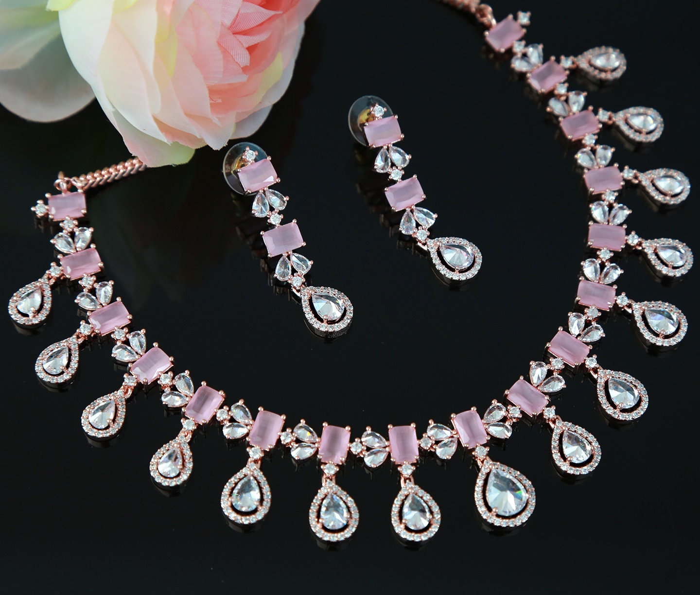 Rose Gold American diamond necklace set | Pear shaped drop CZ diamond necklace | Indian jewelry ruby necklace | Bollywood jewelry sets