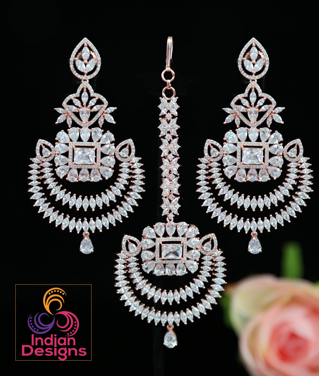 Chandbali crystal earrings tikka set Rose gold - Cz Color Stones | Punjabi earrings with maang tikka for wedding | Indian Designs collection
