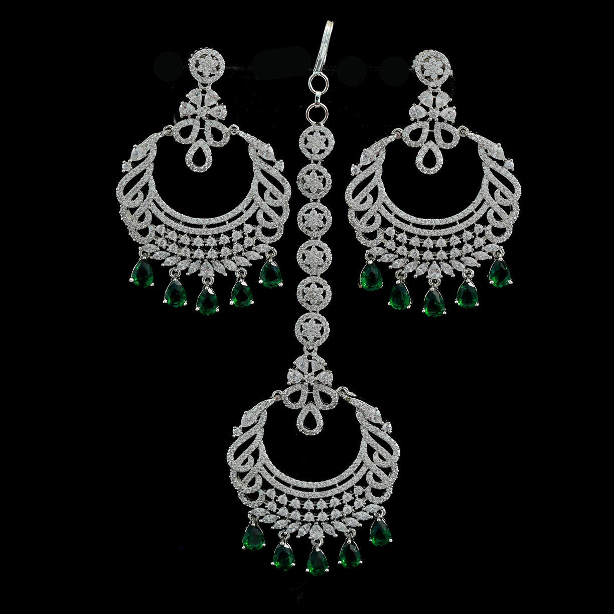 Silver chandbali earrings and maang Tikka | Indian earrings tikka set | American diamond jewelry jhumka earrings | punjabi earrings design
