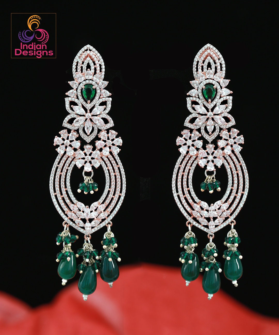 Rose gold American Diamond earrings bridal | Floral design diamond earrings in Gold Rose | Earrings Bollywood style | Statement earrings