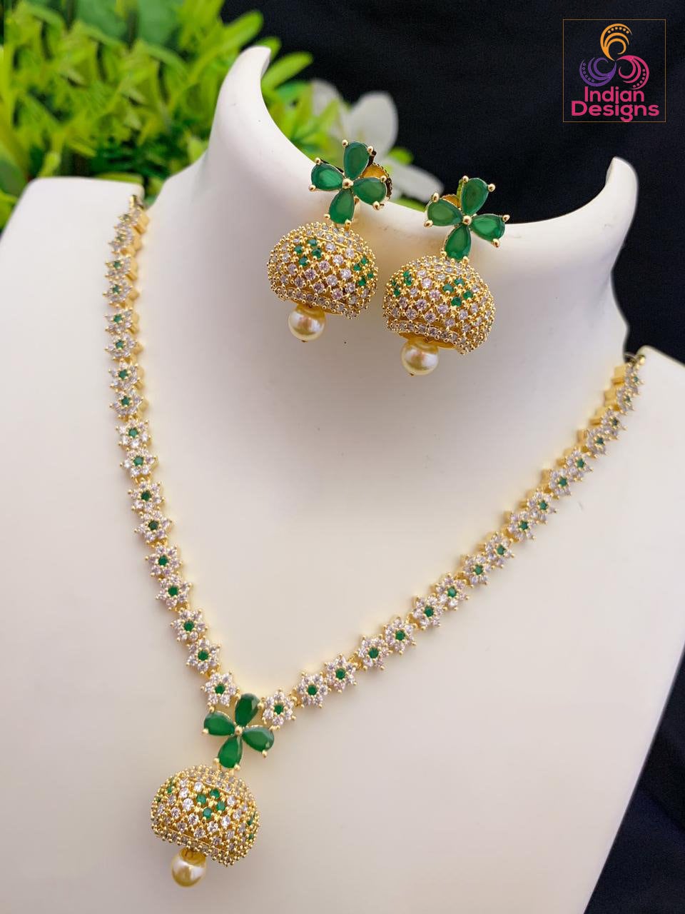 American diamond necklace Exclusive design | Floral emerald pendant necklace | Indian Cz necklace and earring sets | Jhumka necklace set