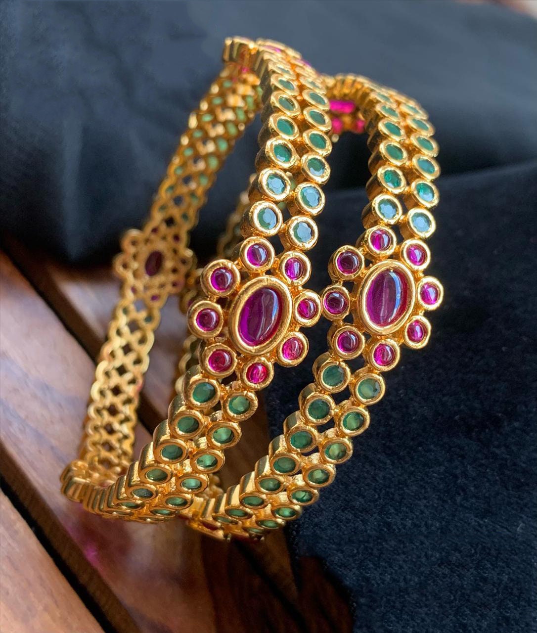 Green stone studded bangles | One Gram Gold Design Kemp Traditional bangles set of 2 | Traditional South Indian Floral Design Kemp Bangles