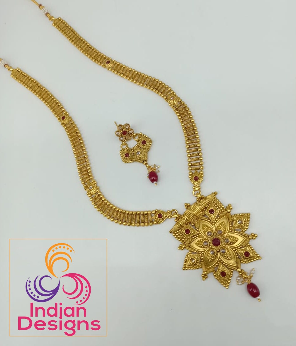 Gold plated pendant necklace | Gold flower pendant necklace and Earrin –  Indian Designs