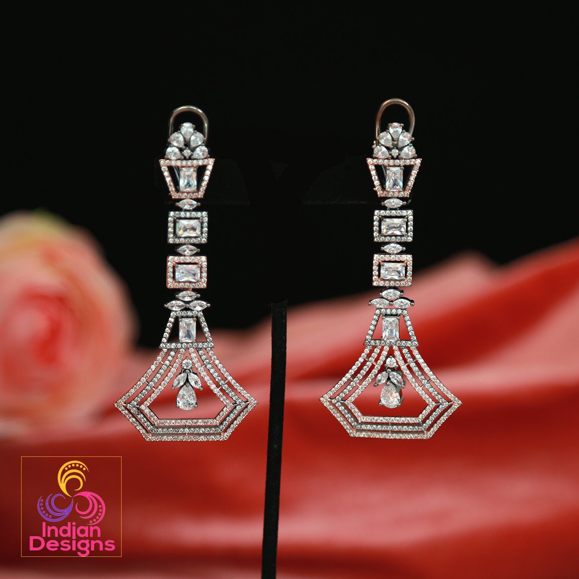 Best quality american diamond earrings | Mint green stone Rhodium polish Long earrings | Pink earrings dangle | ruby emerald earrings online