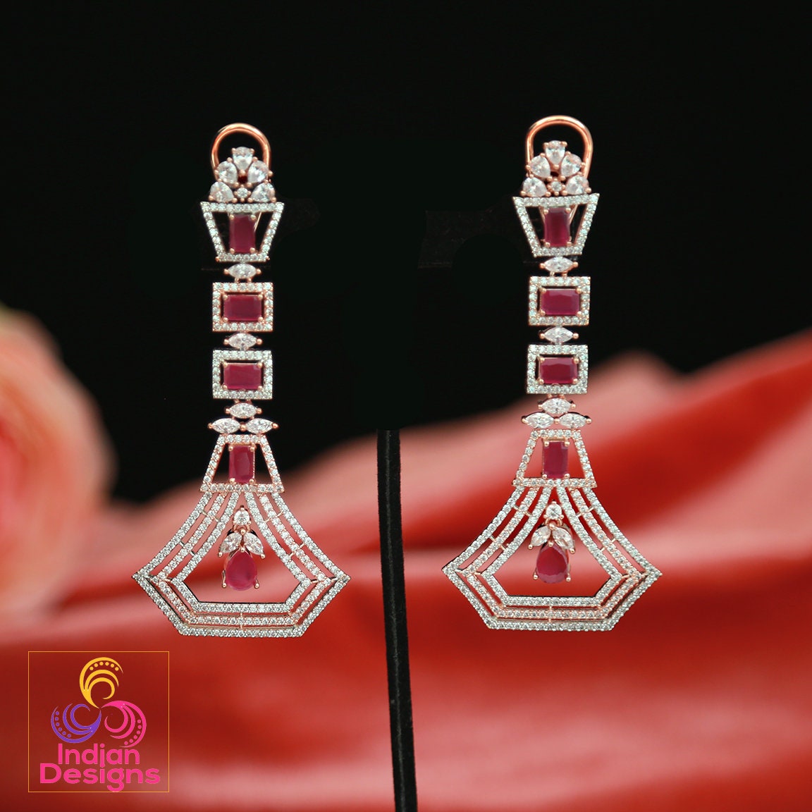 Fashion earrings for women | Rose gold chandelier earrings Designs | American Diamond rose gold earrings for wedding | Pink diamond earrings