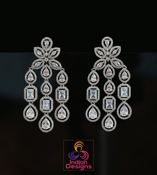Multi Strand Dangle drop Earrings | American diamond earrings in silver | Bollywood earrings for wedding | Bridal earrings drop