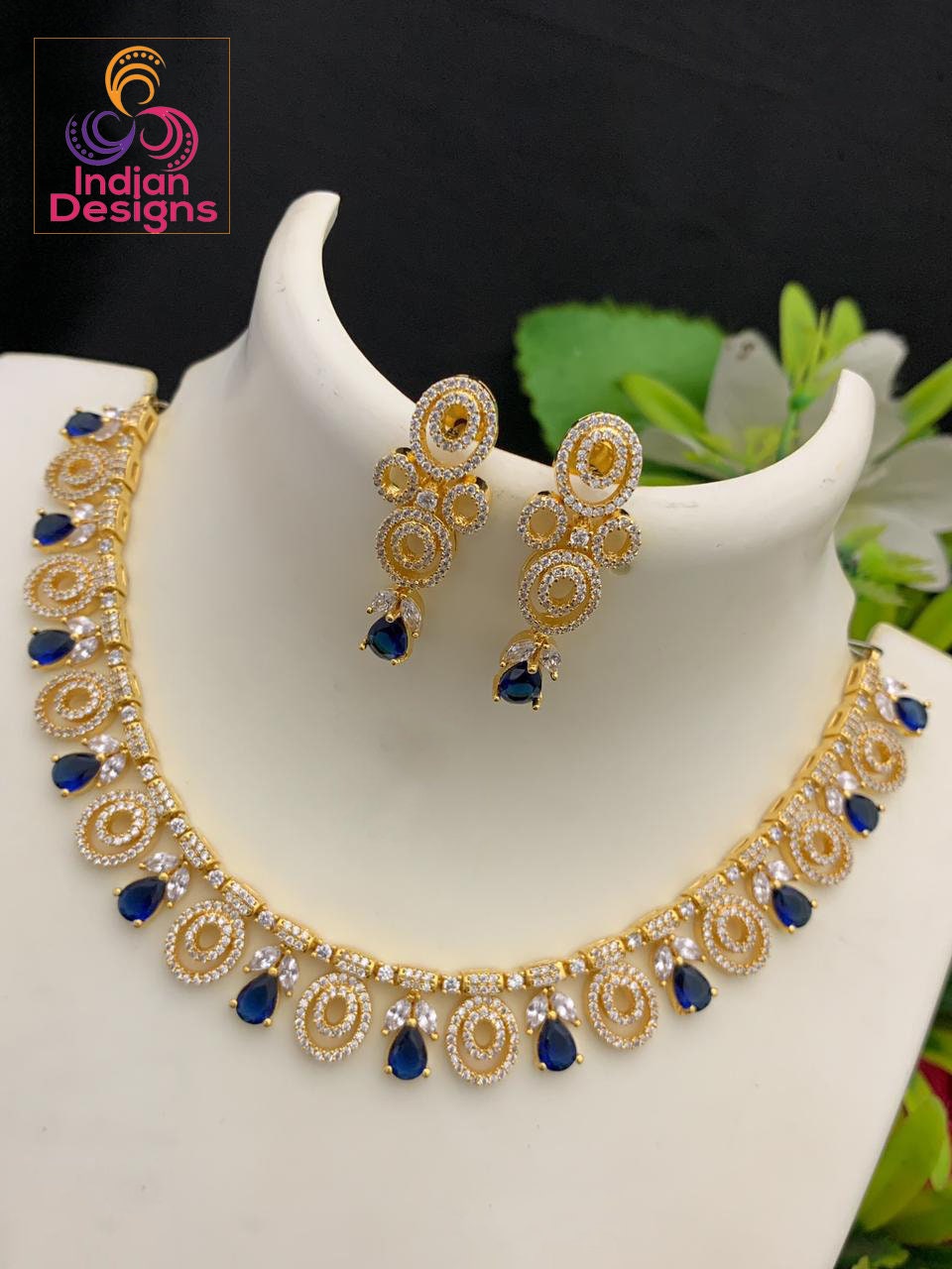 Indian Designs Exclusive Gold Plated American Diamond Necklace Earring Set | Tear-Drop Sapphire Blue 22Kt Gold Polish Indian jewelry
