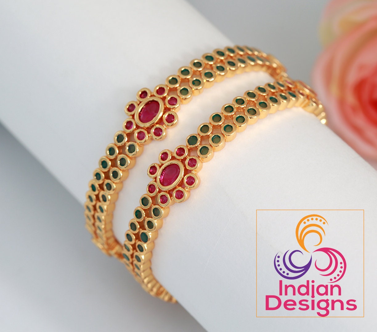 Green stone studded bangles | One Gram Gold Design Kemp Traditional bangles set of 2 | Traditional South Indian Floral Design Kemp Bangles