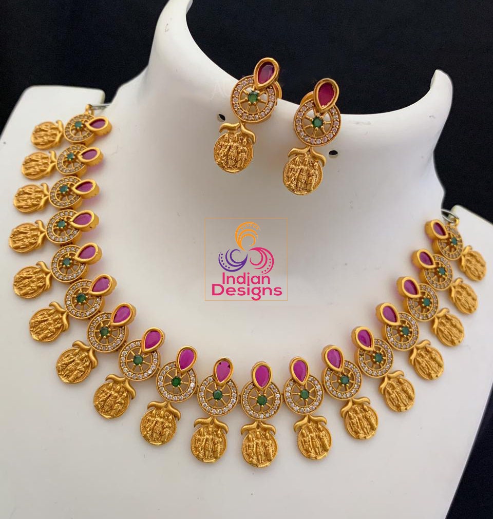 South Indian Ram Parivar necklace set | Matte Finish Gold plated Green- Red Kemp stone Ramparivaar choker necklace | Temple jewelry necklace