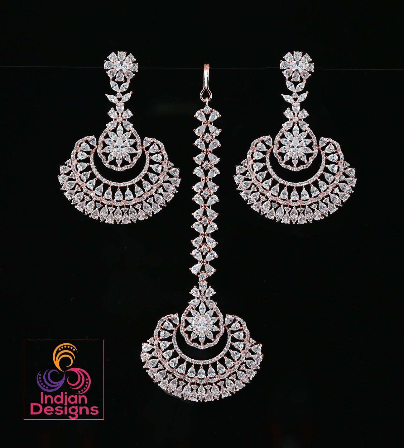 Rose Gold maang tikka and earrings set | Traditional Punjabi style Bridal wedding Earrings tikka set | Chandbali Earrings tikka Rose gold