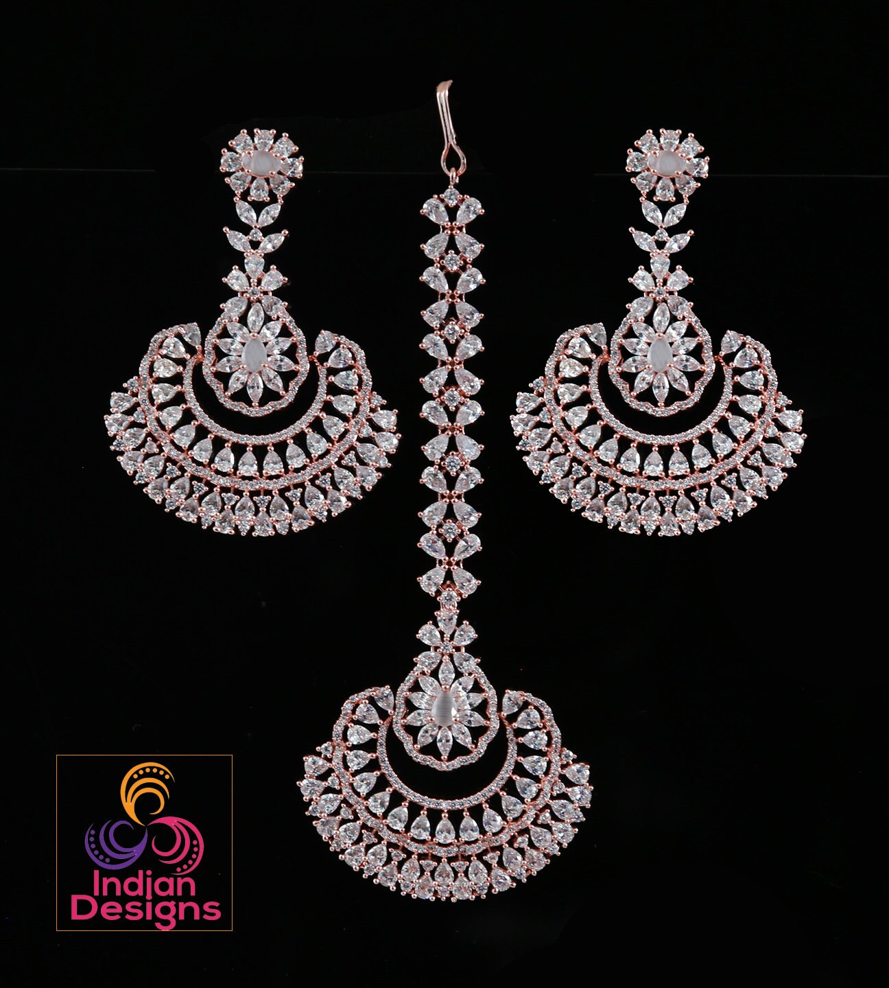 Rose Gold maang tikka and earrings set | Traditional Punjabi style Bridal wedding Earrings tikka set | Chandbali Earrings tikka Rose gold