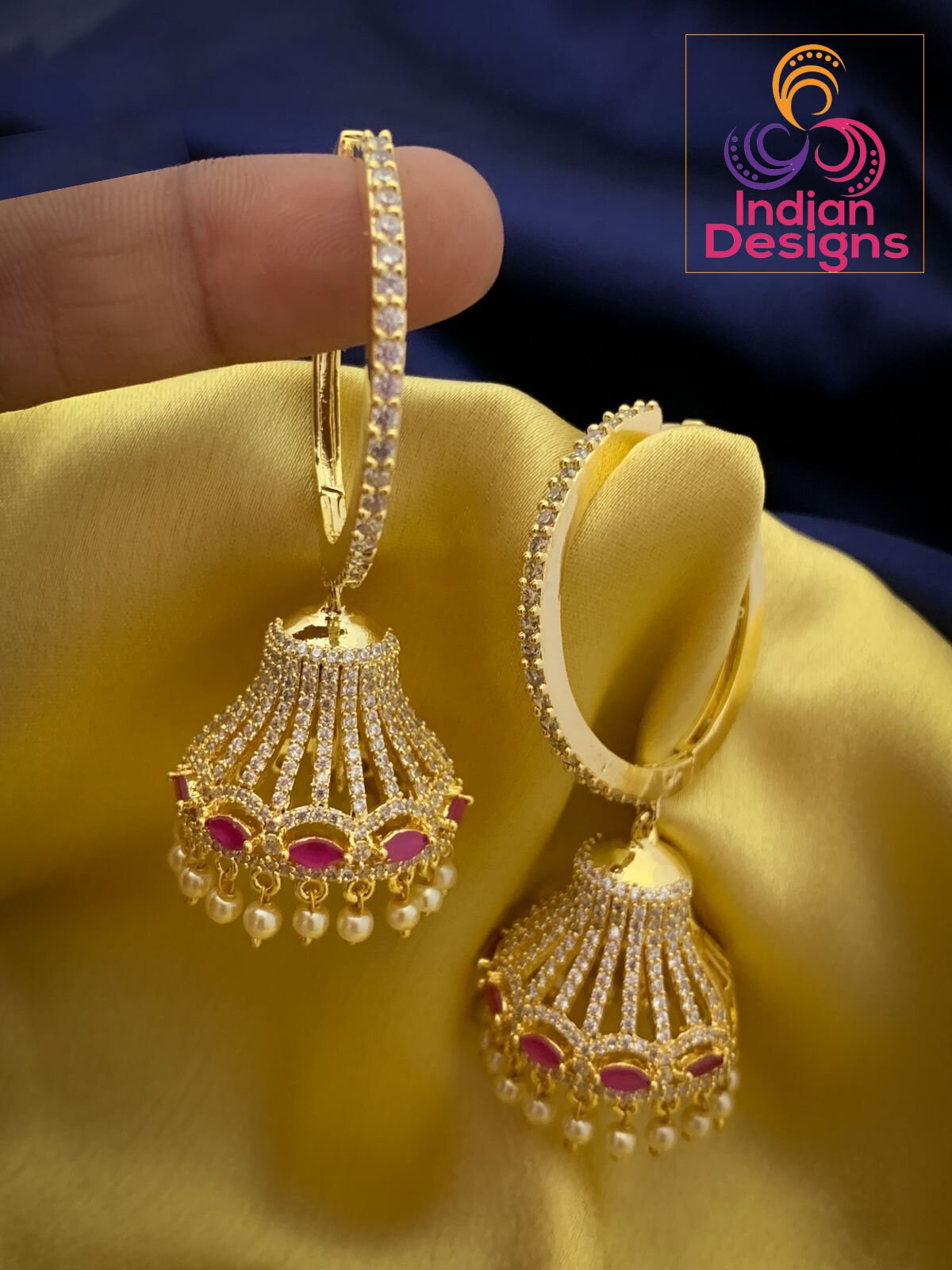 Big Hoop diamond Jhumkas Earrings | Gold hoop earrings with Jhumka | American Diamond Jhumka Jhumki Earrings with Pearl drops