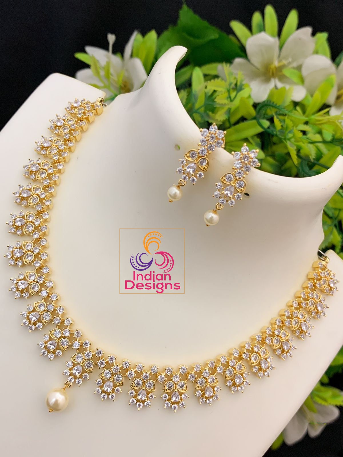 South Indian CZ Necklace jewelry design | American diamond choker necklace set | Gold tone emerald necklace | Ruby stone flower necklace