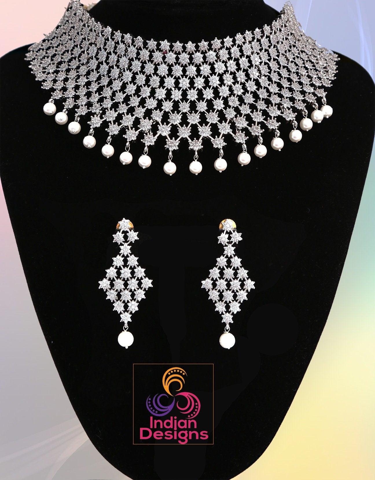 Wedding choker necklace set American diamond choker necklace set | Star Design Ruby and White Crystal gold Polish Wedding Bridal necklace