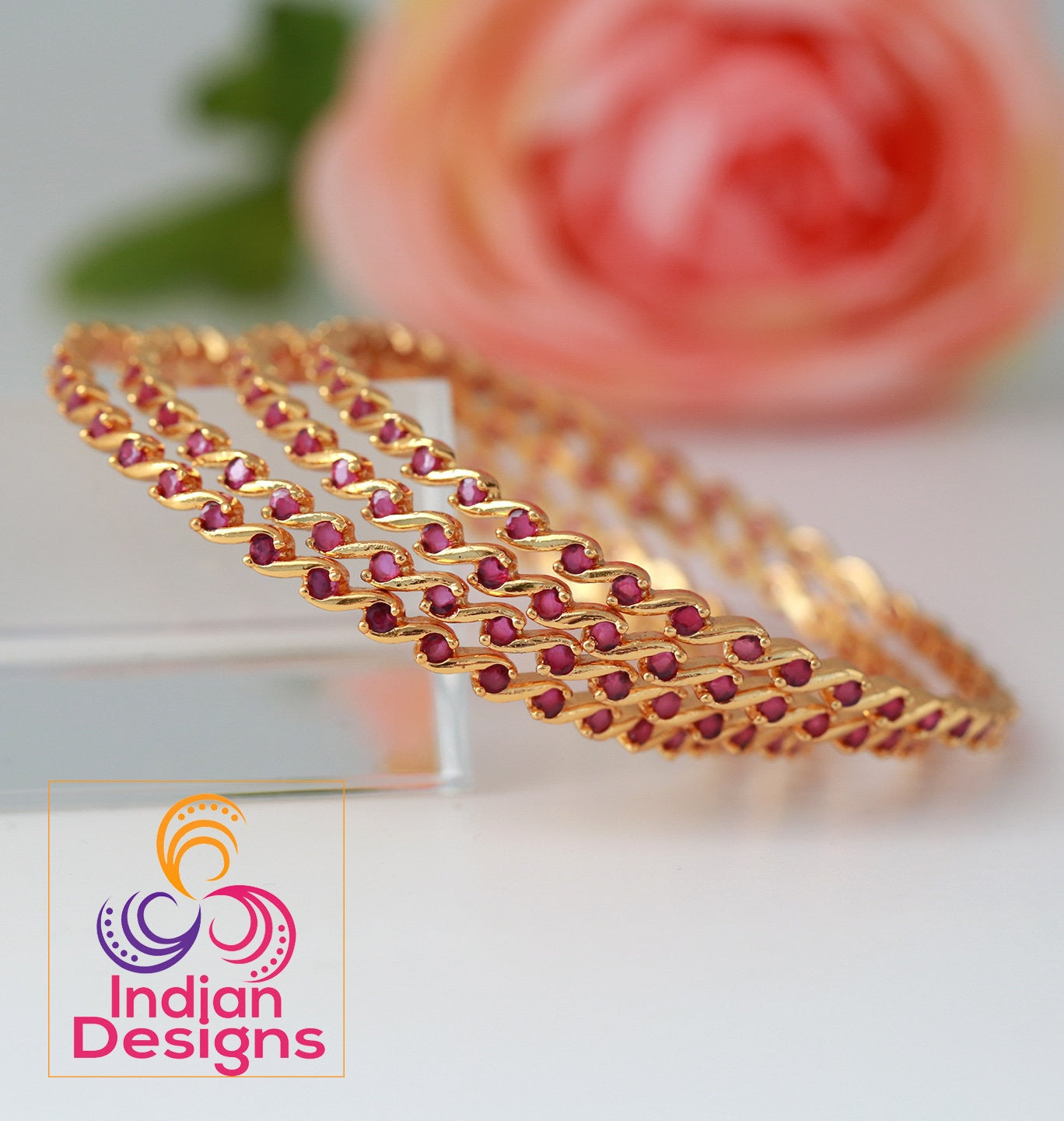 Stylish Zig Zag Design set bangles | 22k gold plated AD stone bangles | Gold plated American diamond bangles | Small ruby stone bangles