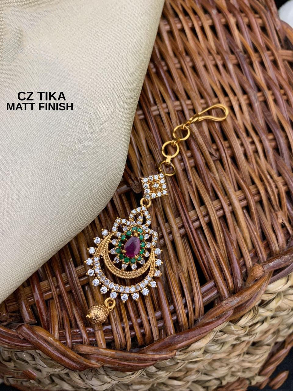 Matte Gold Finish Multicolor CZ tikka | Indian Head Piece Jewelry | AD Stones Maang Tikka | American Diamond Indian mang tikka jewelry