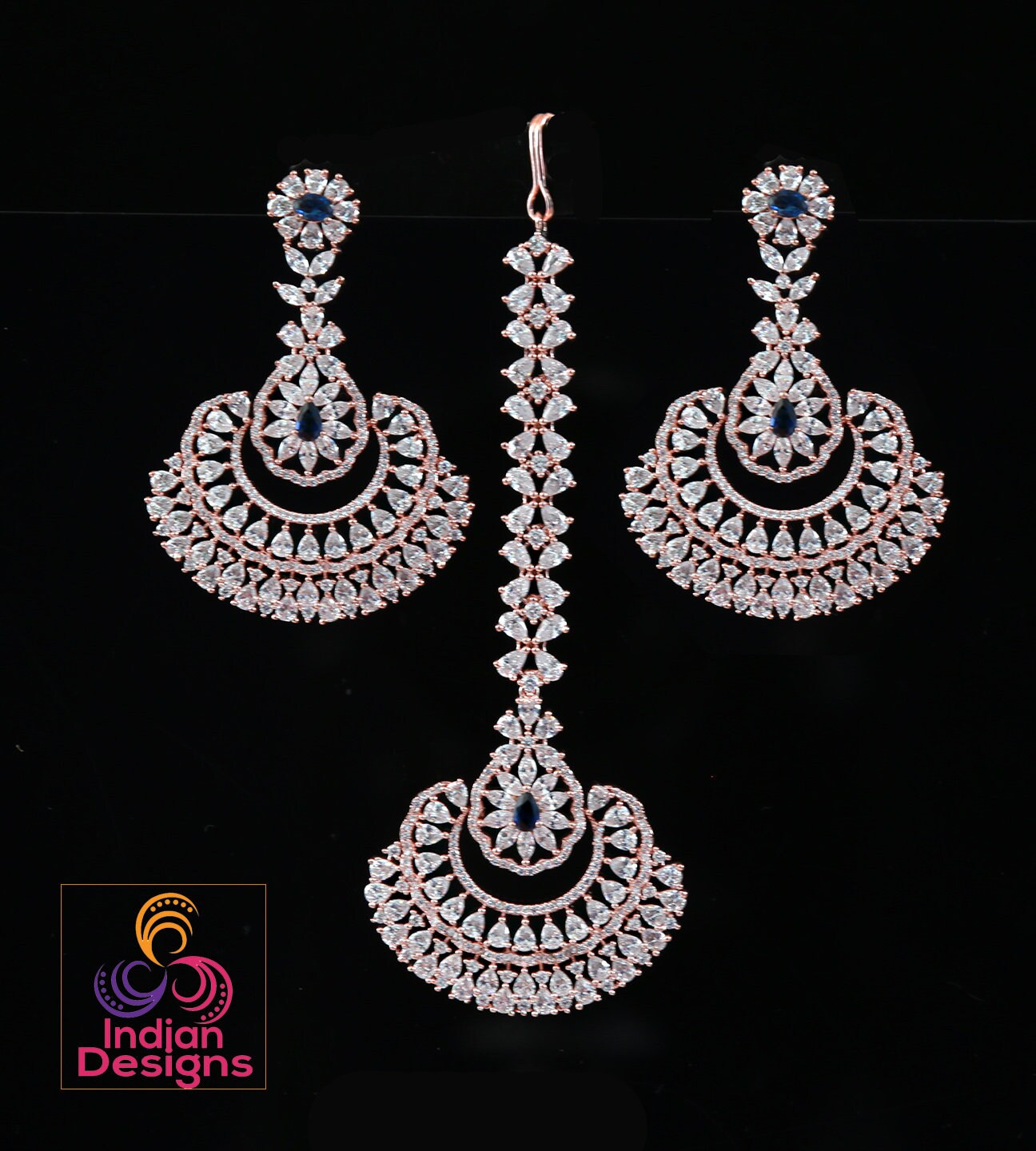 Rose Gold maang tikka and earrings set | Traditional Punjabi style Bridal wedding Earrings tikka set | Chandbali Earrings tikka Rose gold