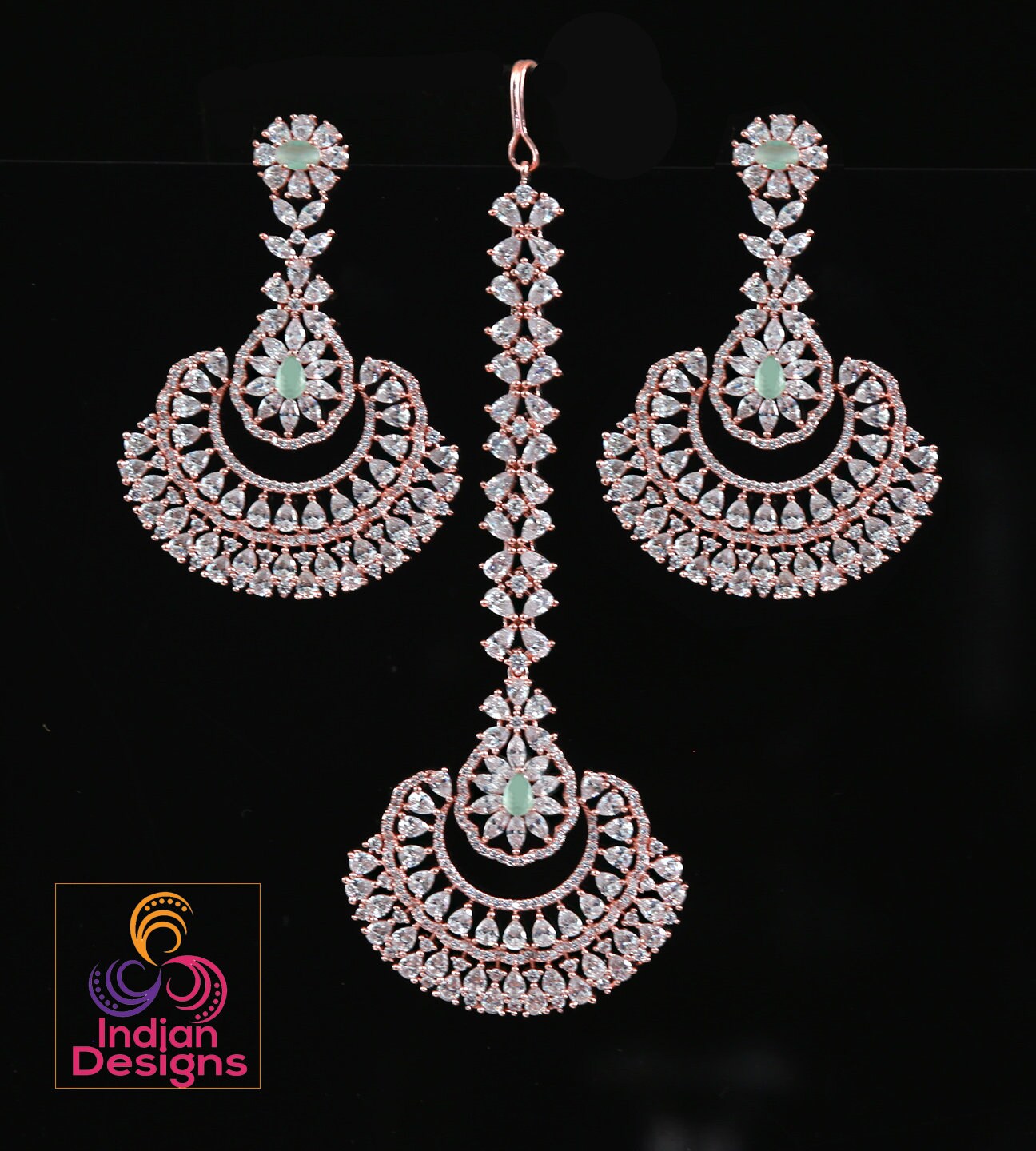 Rose Gold maang tikka and earrings set | Traditional Punjabi style Bridal wedding Earrings tikka set | Chandbali Earrings tikka Rose gold