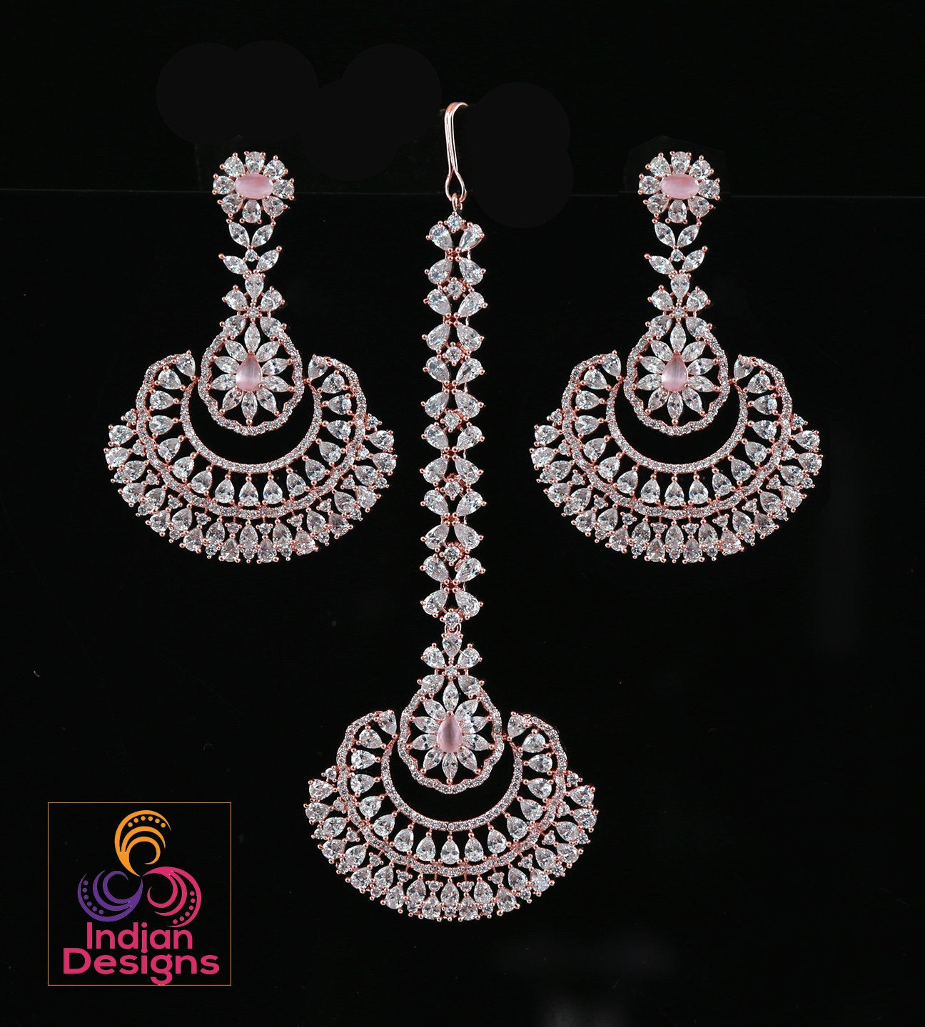 Rose Gold maang tikka and earrings set | Traditional Punjabi style Bridal wedding Earrings tikka set | Chandbali Earrings tikka Rose gold