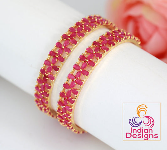 Floral Design Ruby stone bangles set of 2 | Gold plated Indian designer bangles studded Pear shaped Ruby stones | American diamond bangles
