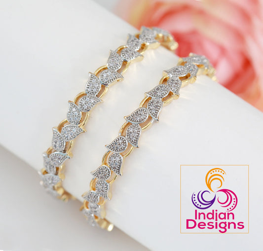 Pair of Leaf Design American Diamond Bangles | 18 Karat gold plated  Diamond Leaf Bracelet | Indian Wedding bridal Gold Bangle set online