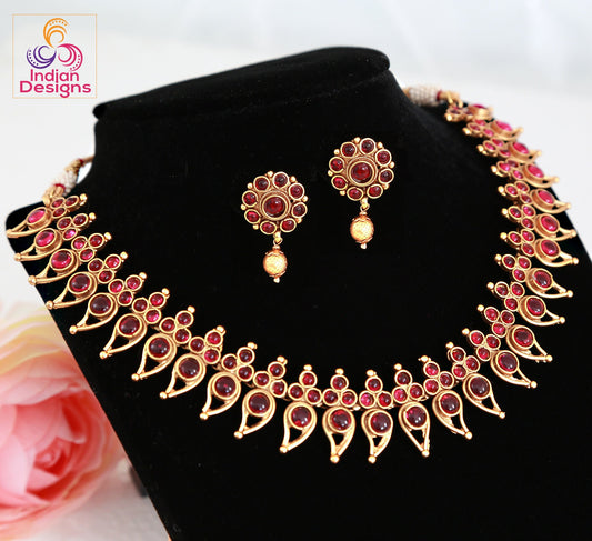 Red and green color kemp stone necklaces in a trendy design | Kemp Stone Mango Choker Necklace and Earring Set | South Indian Temple Jewelry