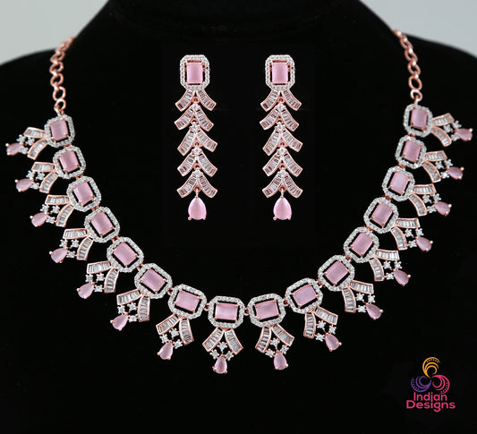 Rose gold American diamond necklace set | Pink CZ diamond necklace set | Emerald cut crystal necklace | Indian Bollywood jewelry Necklace