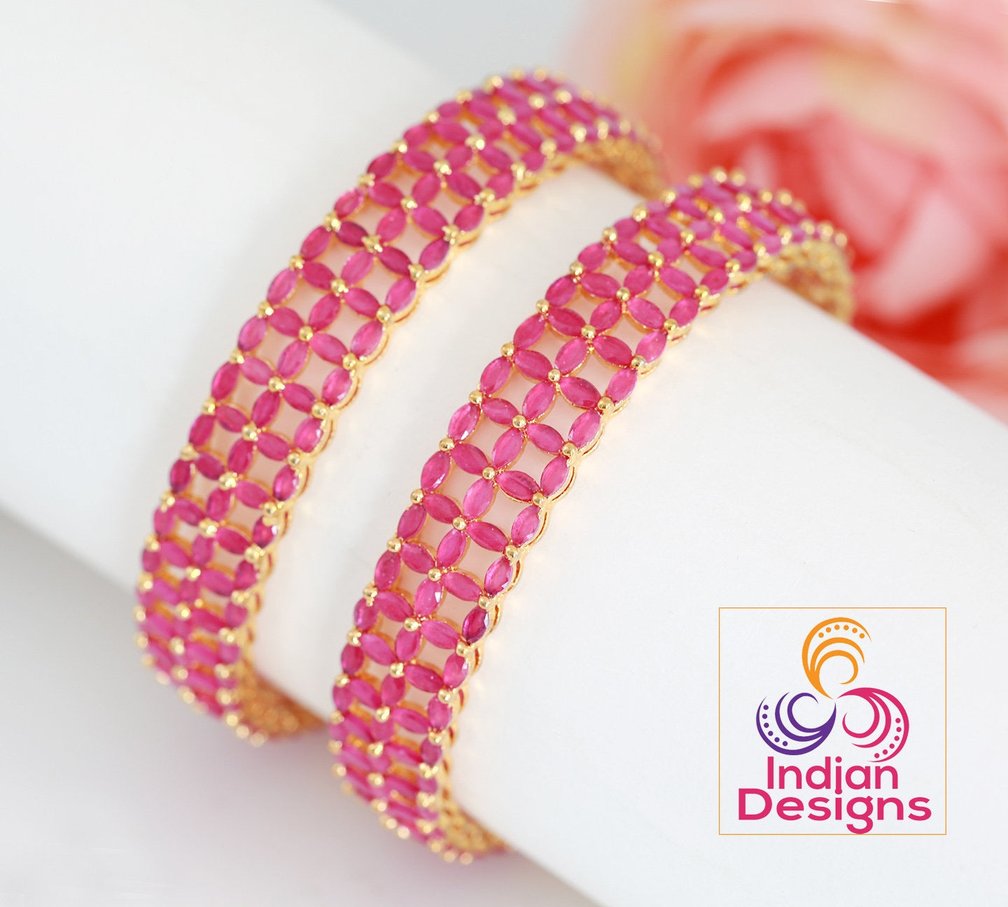Golden American Diamond unique Design bangles studded with marquise cut Ruby stones |Bollywood Party wear Fashion Designer Bangles set of 2
