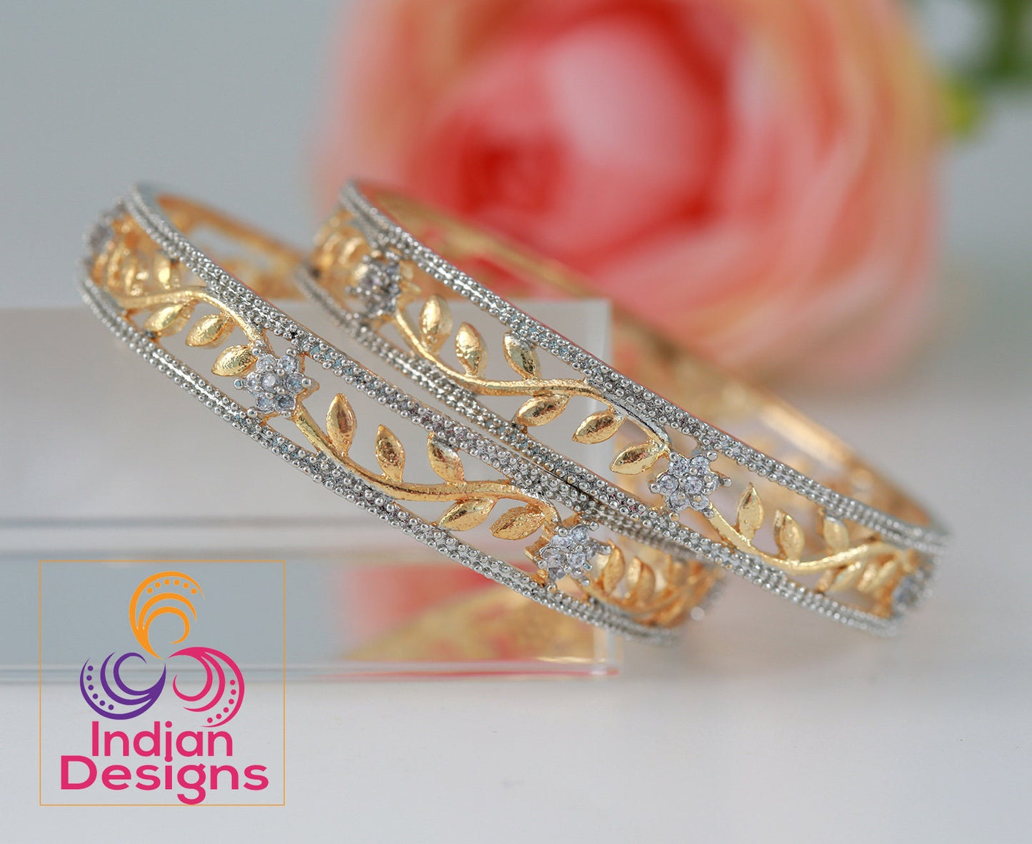 Traditional Ethnic Fusion CZ Floral Flower Designer Gold Plated AD Bangles for Women and Girls