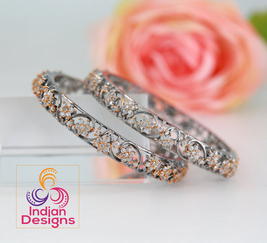 2.10 Size Oxidized bangles set |Oxidized finish American Diamond Bracelet Bangles|Beautiful floral design bangles Oxidized tone|Gift for her