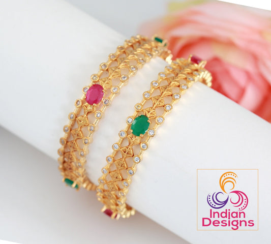 Matte finish bangles jewellery | Ruby Emerald gold bangles design | Dual tone Gold plated American diamond bangles | South Indian Bangle set