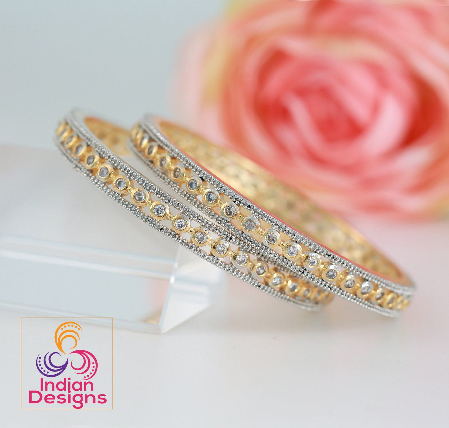 Pair American Diamond Two tone Gold bangles | Gold Cz bangles designs | 18K Gold plated white CZ wedding bridal bangles set | Indian jewelry