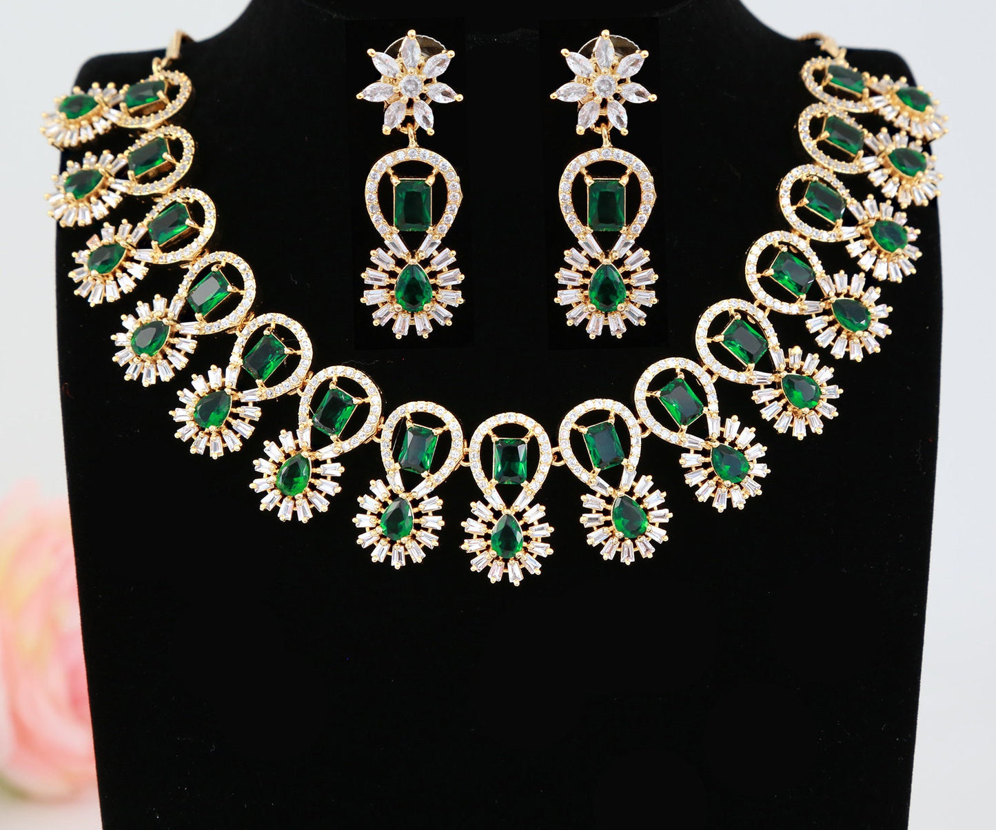 American diamond necklace set | Gold plated cubic zirconia necklace | Emerald green stone gold necklace designs | Indian Wedding Jewelry