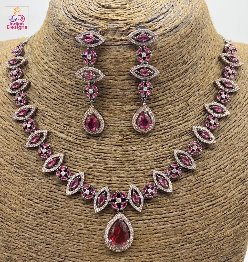 Pink Stones American Diamond Rose Gold Plated Jewellery Set