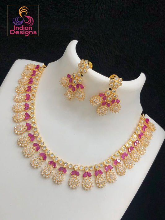 American diamond necklace set Gold plated | CZ diamond ruby stone necklace | Emerald necklace and earring set | South Indian bridal Jewelry