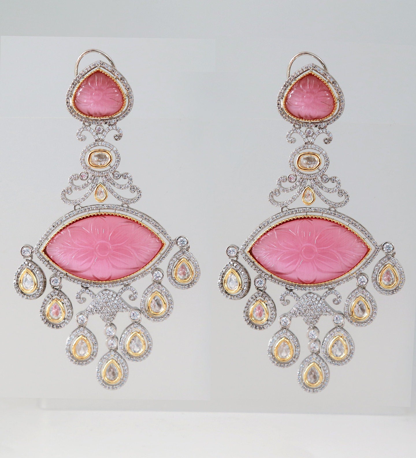 Carved Stone Earrings | Long Statement Earrings | American Diamond Earrings Kundan Stones | Bollywood Jewelry | Pakistani Kundan Earrings