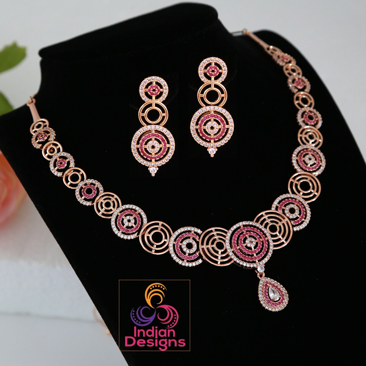 Fashion statement Ruby and CZ Diamond 10k Rose Gold Circle Cluster Necklace | ruby and diamond circle necklace | American diamond Necklace