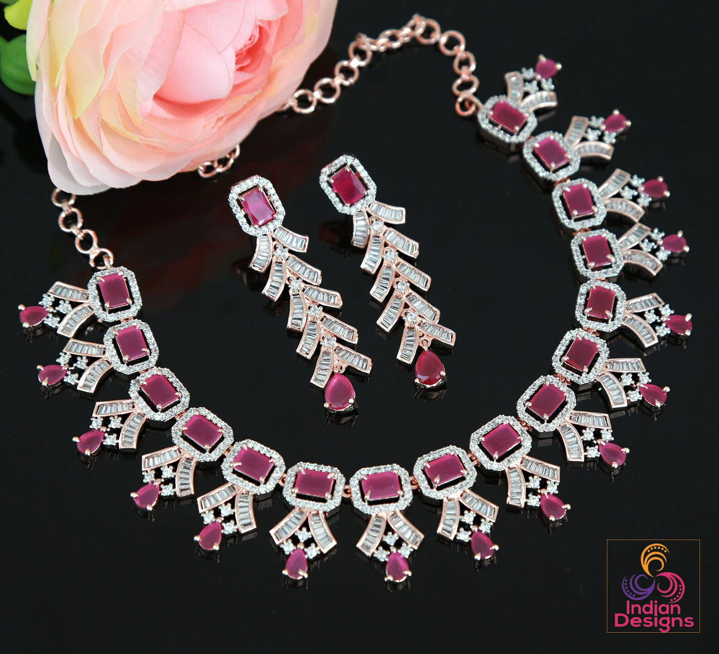 Rose gold American diamond necklace set | Pink CZ diamond necklace set | Emerald cut crystal necklace | Indian Bollywood jewelry Necklace