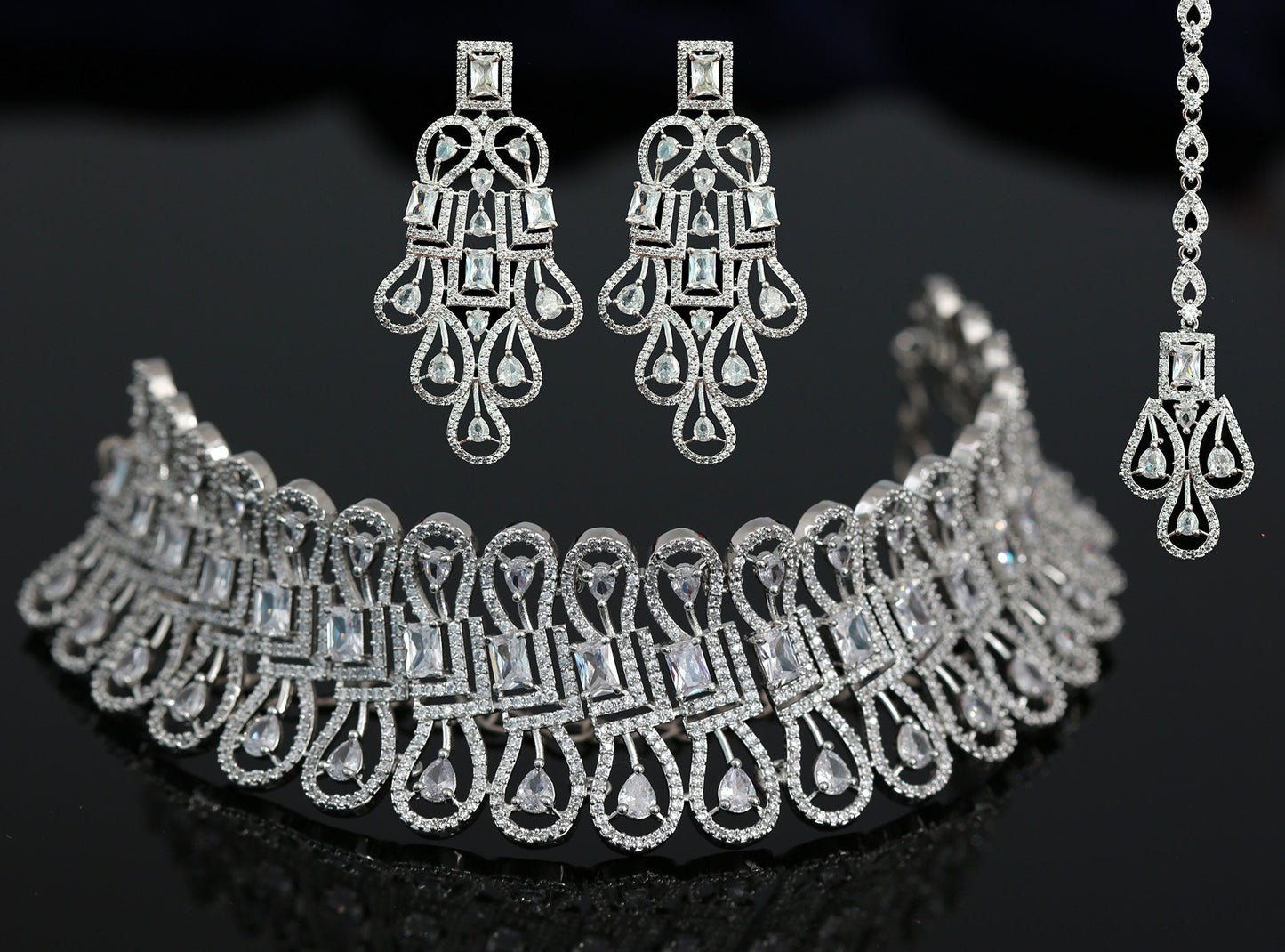 Rose Gold - Ruby American Diamond stone Choker set with Mang Tikka | Indian Bollywood Style Fashion Jewelry CZ AD Wedding Silver Choker Necklace Set