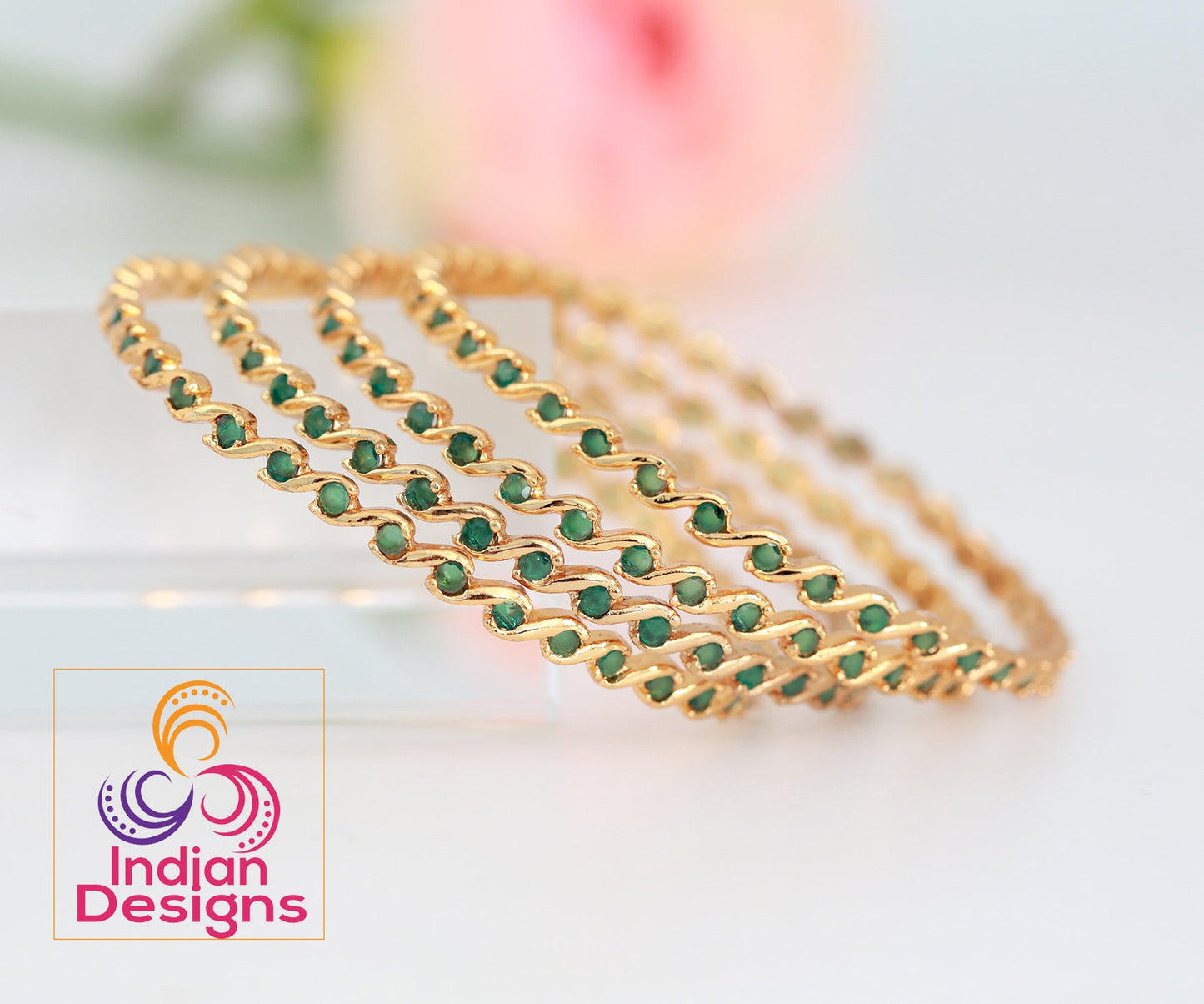 Stylish Zig Zag Design set bangles | 22k gold plated AD stone bangles | Gold plated American diamond bangles | Small ruby stone bangles