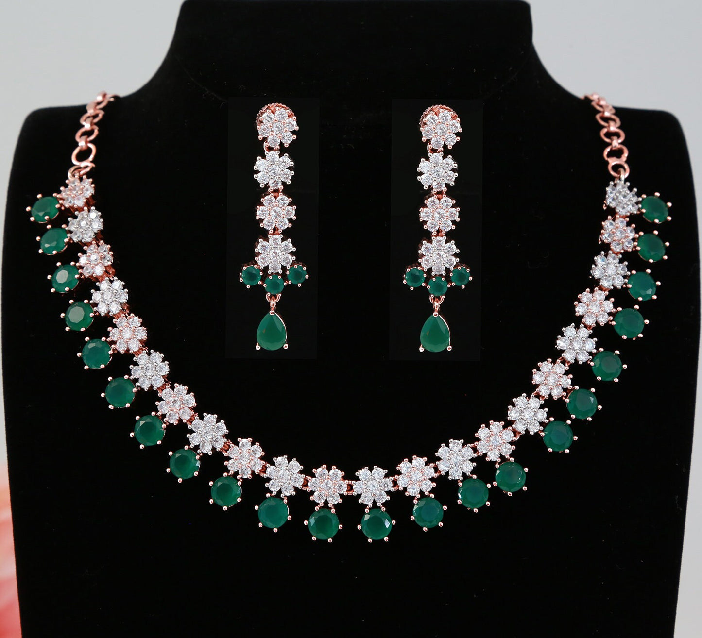 Exclusive Rose Gold American Diamond Necklace | Mint green necklace and earrings | Cz diamond necklace set | Latest Indian jewelry designs