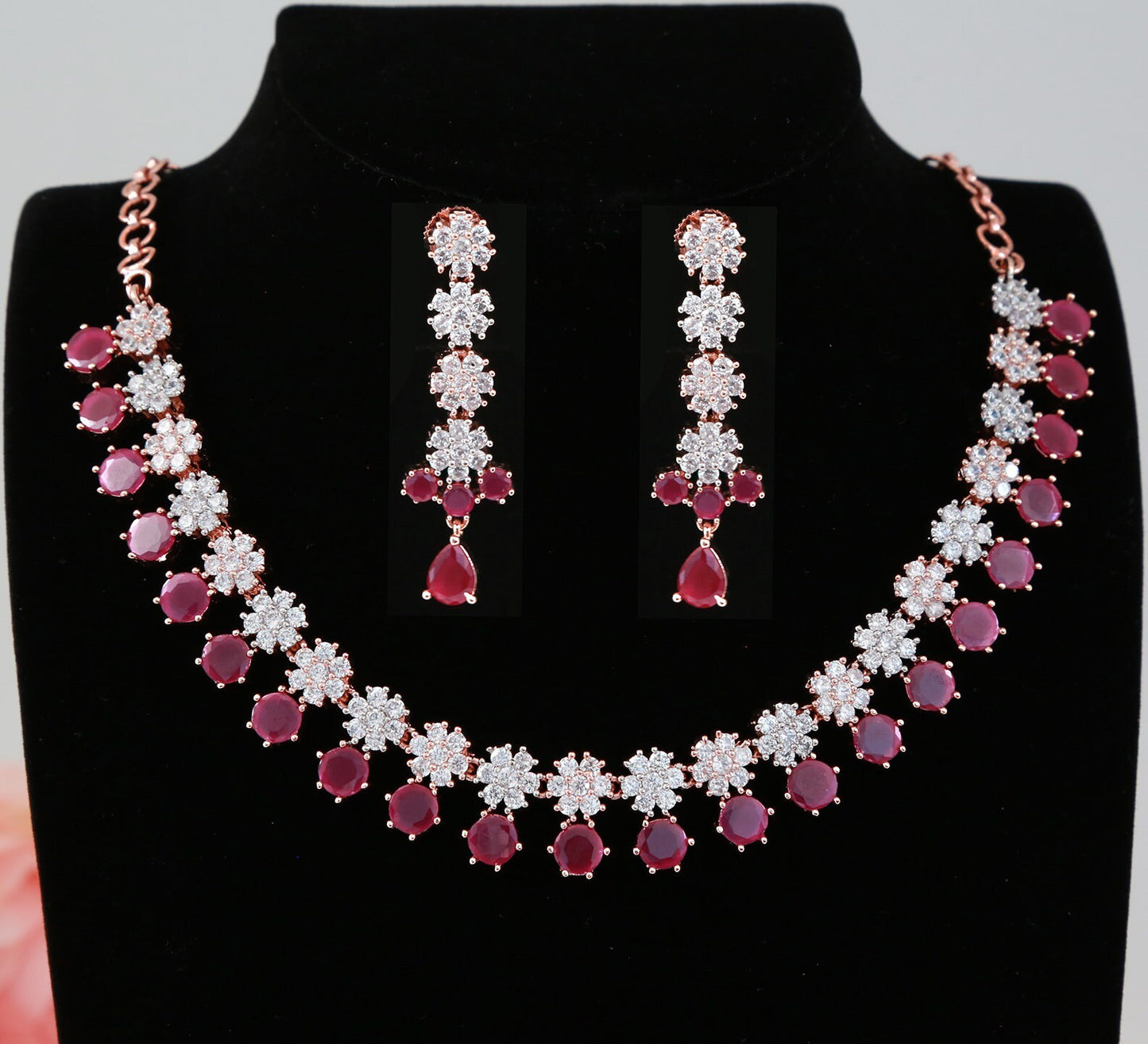 Indian Pakistani Bollywood American Diamond necklace earing set Green and  pink