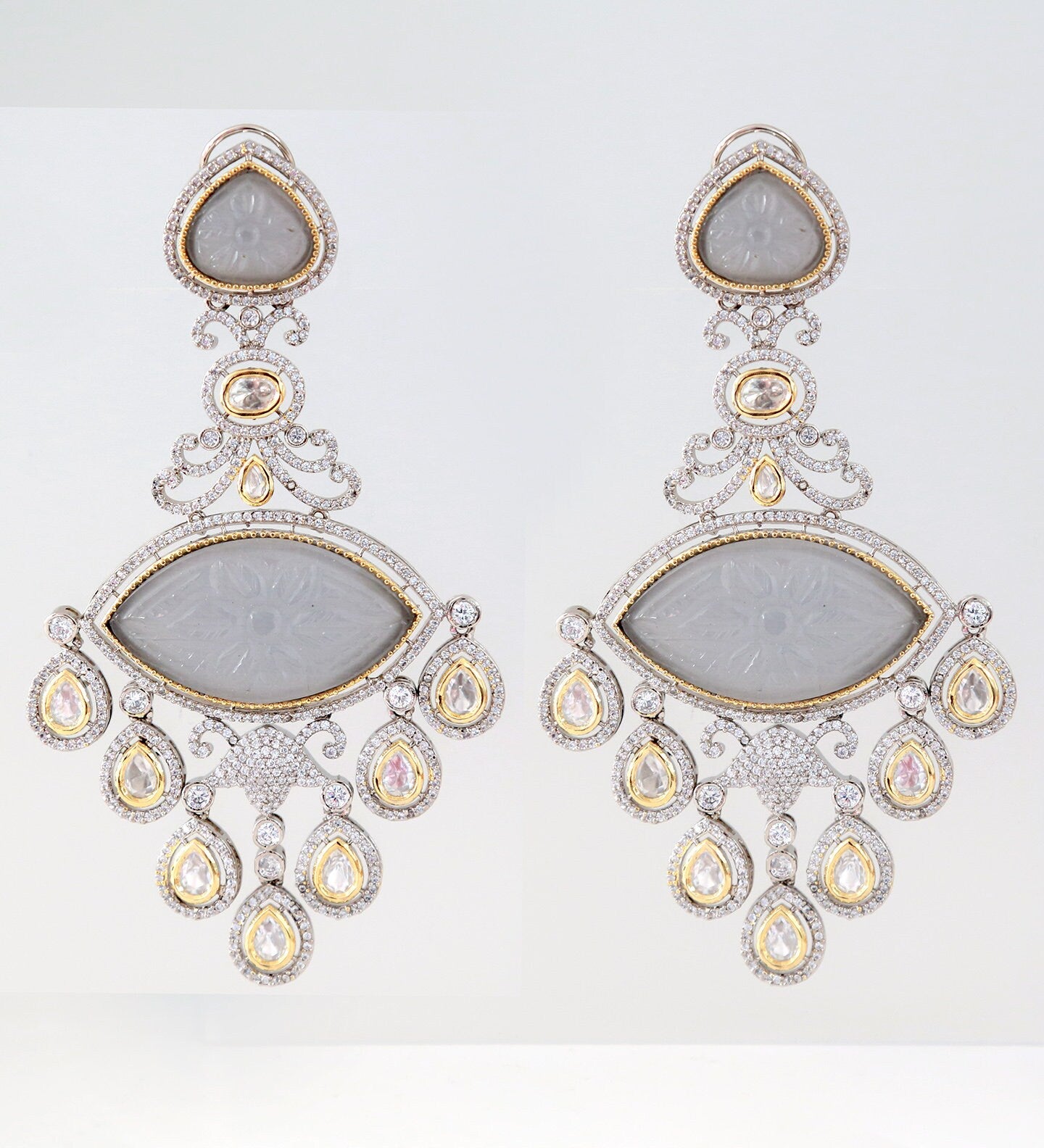 Carved Stone Earrings | Long Statement Earrings | American Diamond Earrings Kundan Stones | Bollywood Jewelry | Pakistani Kundan Earrings