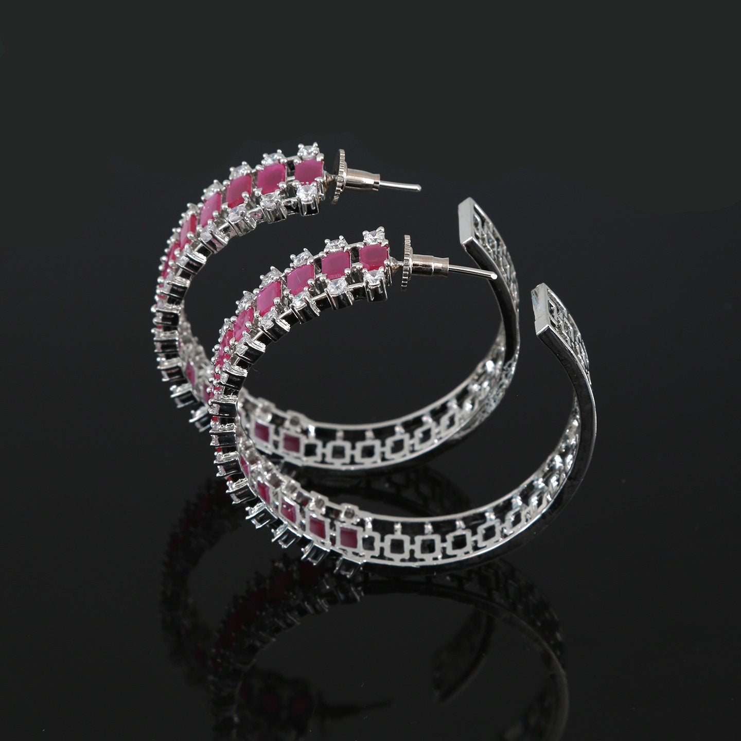 Rhodium plated Large Circle AD Chandbali earrings | Indian Jewelry Earrings | chand bali earrings for saree | CZ Diamond Statement Earrings