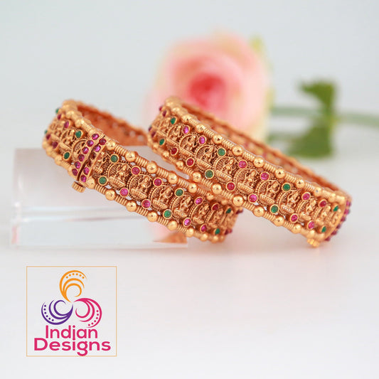 Antique Real Kemp stone Bangles | Lakshmi design Antique Gold Bangle set with red and Green kemp stones | Gold Plated Lakshmi bangles design
