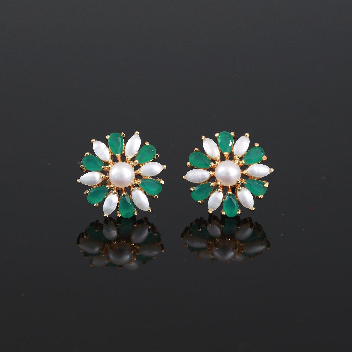 Pearl stud earrings gold with Emerald stones | Small ruby & Pearl earrings studs | Gold pearl flower stud earrings | Fresh water pearl studs