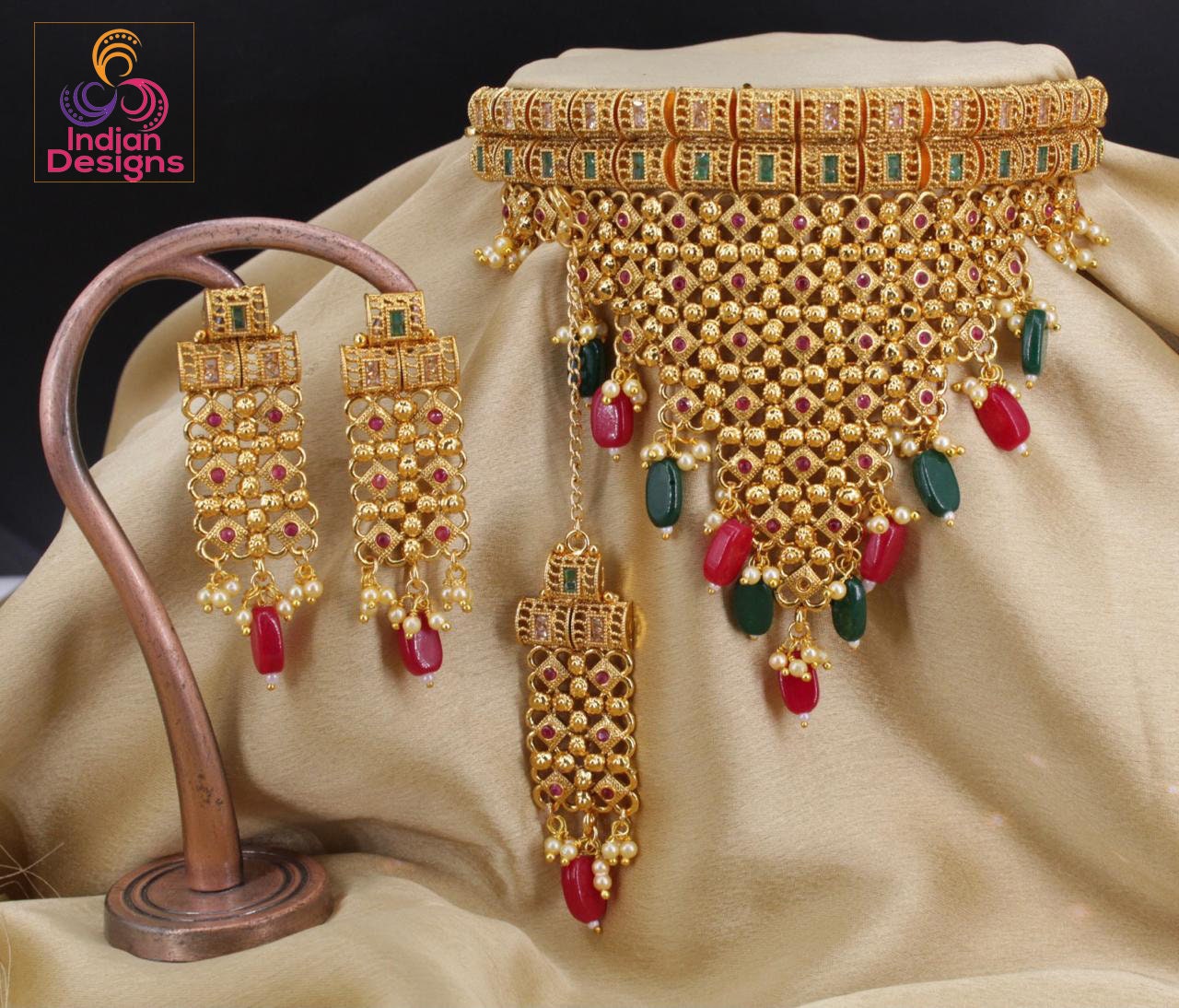 Gold Plated Indian Jewelry necklace with maang tikka | Indian choker necklace gold design | Polki choker and tikka | South Indian jewelry