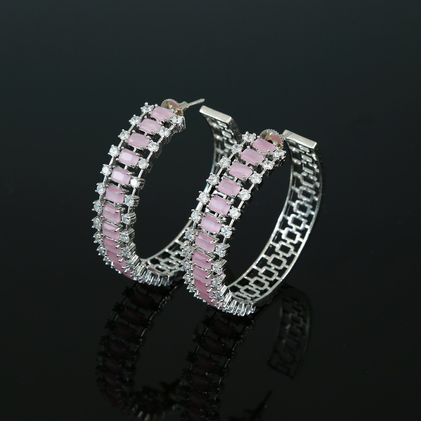 Rhodium plated Large Circle AD Chandbali earrings | Indian Jewelry Earrings | chand bali earrings for saree | CZ Diamond Statement Earrings